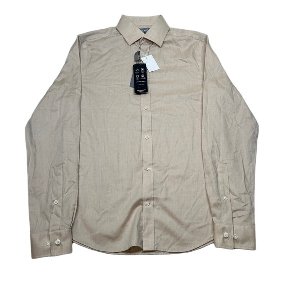 Michael Kors Tan Slim Fit Untucked Shirt Mens Small 14-14.5 Tan Cotton Linen NEW - Picture 1 of 8